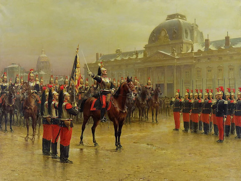 1846-Auguste Loustaunau - Il colonnello de la Rochethulon consegna alle reclute la bandiera del 6° reggimento di corazzieri. Gennaio 1887